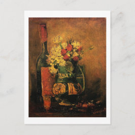 Vase mit Nelken und Rose und Flasche Feiertagspostkarte