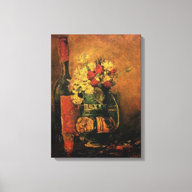 Vase mit Nelken und Rose und Flasche, Vince Leinwanddruck (Vorderseite)