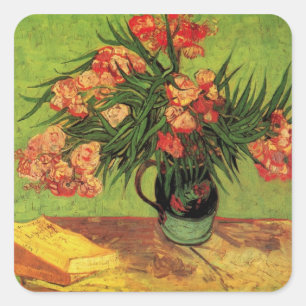 Vase mit Oleander und Büchern von Vincent van Gogh Quadratischer Aufkleber
