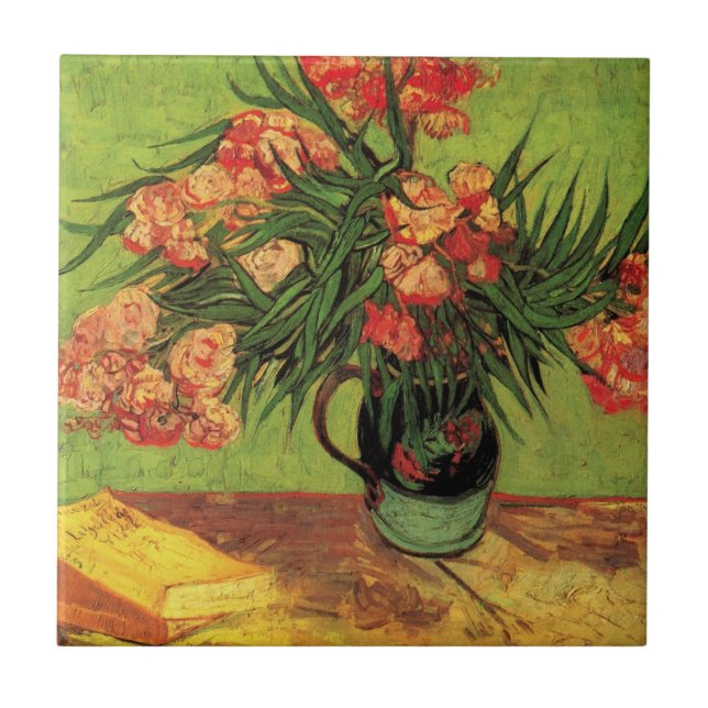 Vase mit Oleanders und Bücher von Vincent van Gogh Fliese (Vorderseite)