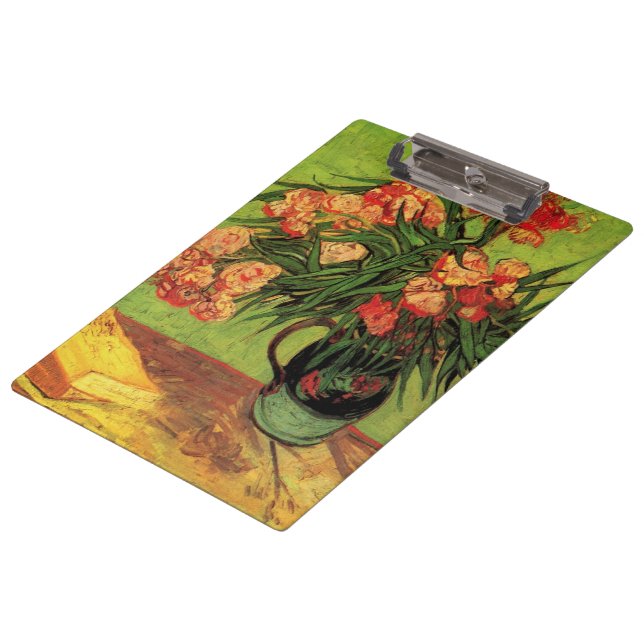 Vase mit Oleanders und Bücher von Vincent van Gogh Klemmbrett (Schrägansicht)