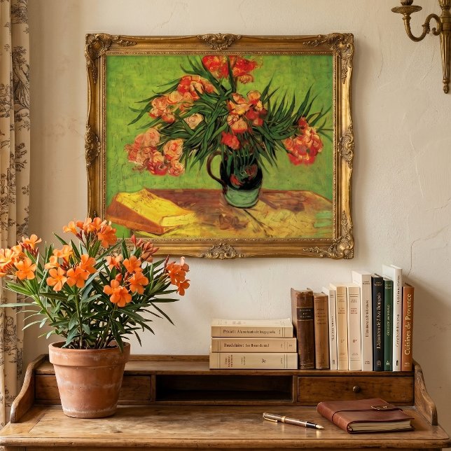 Vase mit Oleanders und Bücher von Vincent van Gogh Poster (Still Life: Vase with Oleanders and Books by Vincent van Gogh is a post impressionism painting.)