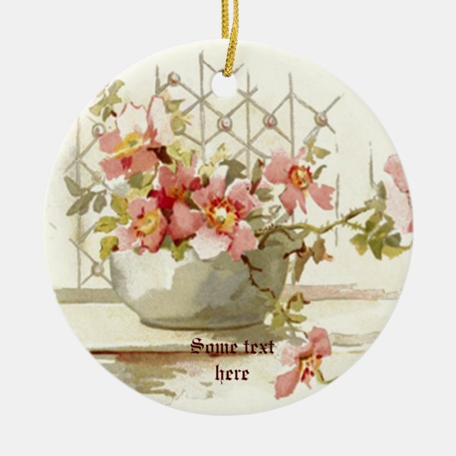 Vase mit Pinkrosen Vintage Aquarellverzierung Keramikornament (Vorne)