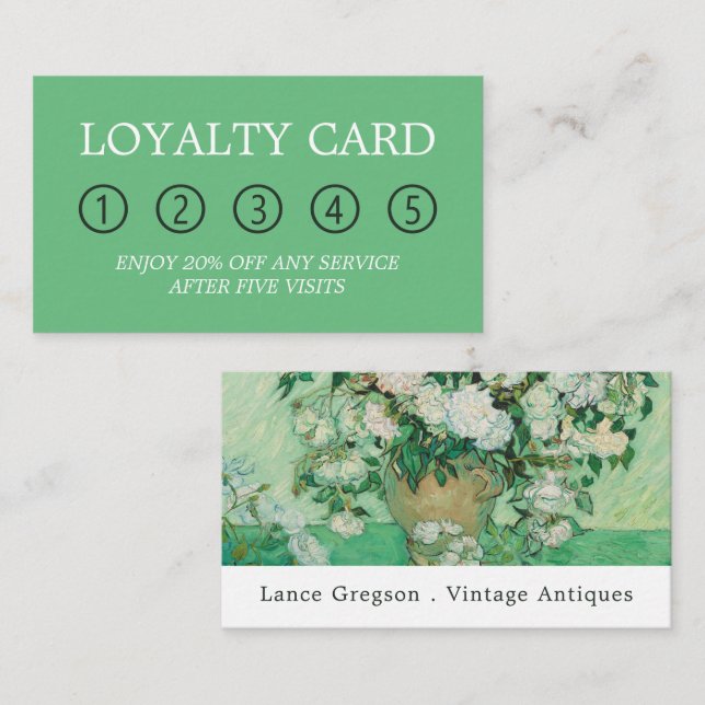 Vase mit rosa Rosen, antikes Händlergeschäft Treuekarte (Vorne/Hinten)