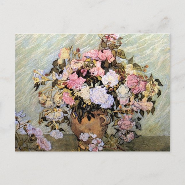 Vase mit rosa Rosen (F681) Van Gogh Fine Art Postkarte (Vorderseite)