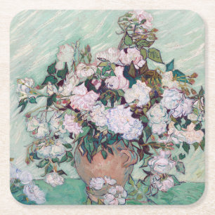 Vase mit rosa Rosen, Van Gogh Rechteckiger Pappuntersetzer