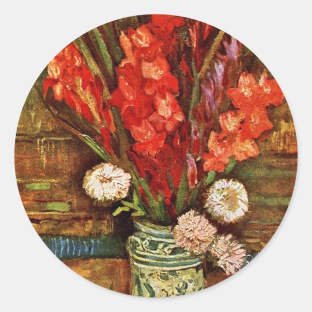 Vase mit Rot Gladiolideutsch: Stillleben mit Rot Runder Aufkleber (Vorderseite)