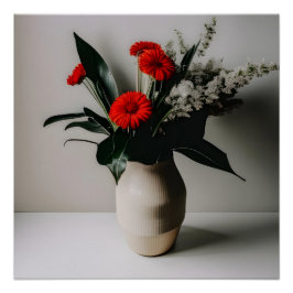 Vase mit roten und weißen Blume Poster