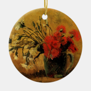 Vase mit roten und weißen Nelken, frohe Feiertage Keramik Ornament