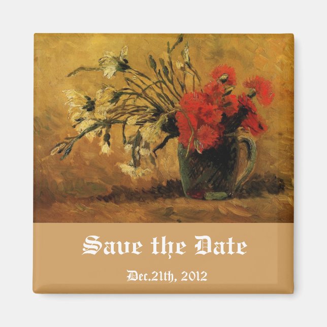 Vase mit roten und weißen Nelken Save the Date Magnet (Vorne)