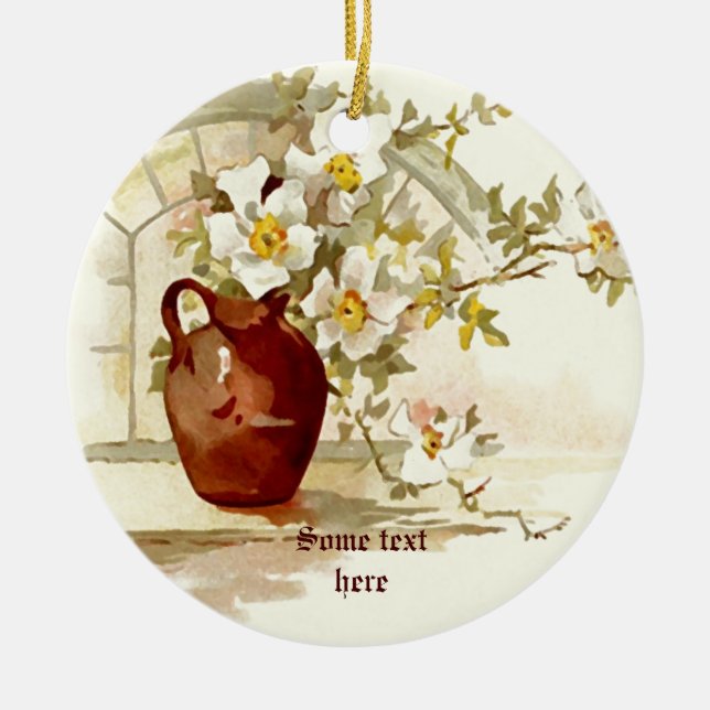 Vase mit weißen Rosen Vintage Aquarellverzierung Keramikornament (Vorne)