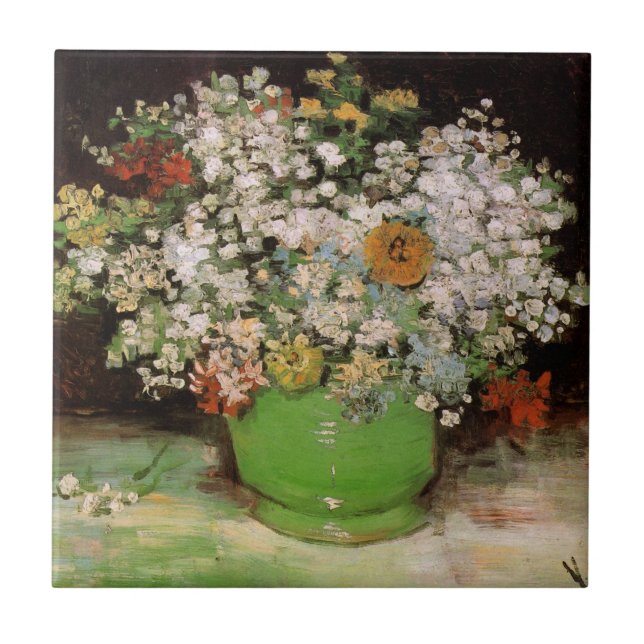 Vase mit Zinnia-Blume von Vincent van Gogh Fliese (Vorderseite)
