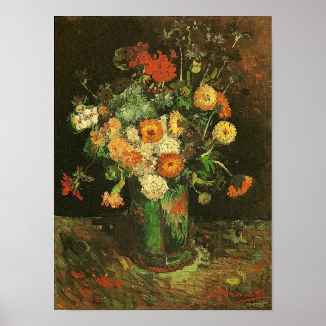 Vase mit Zinnias & Geraniums Van Gogh Fine Art Poster (Vorne)