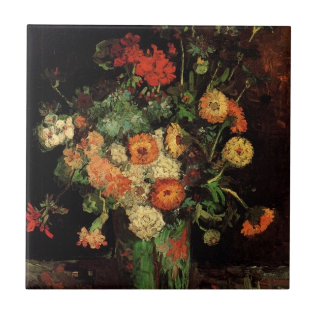 Vase mit Zinnias und Geranien, Vincent van Gogh Fliese (Vorderseite)