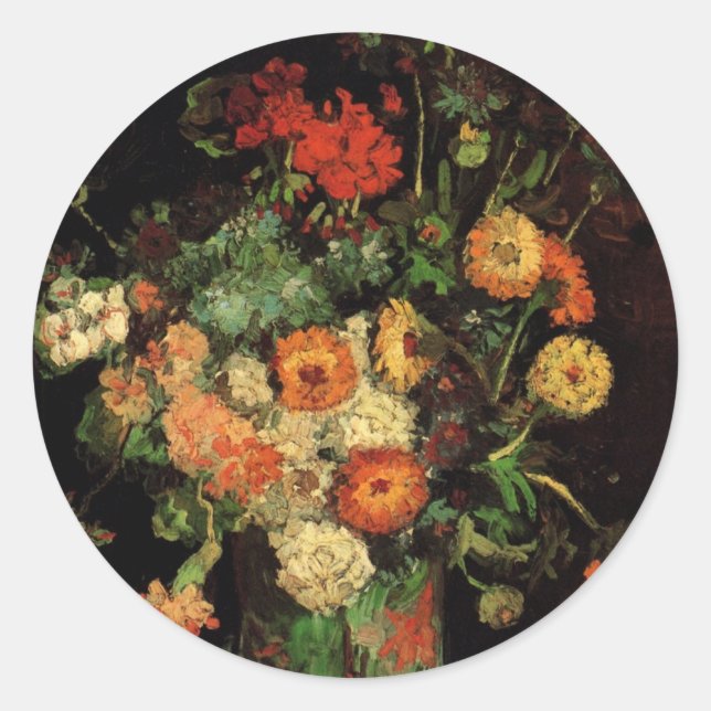 Vase mit Zinnias und Geranien, Vincent van Gogh Runder Aufkleber (Vorderseite)