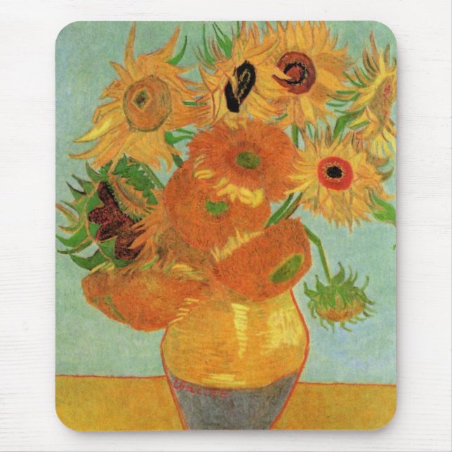 Vase mit zwölf Sonnenblumen von Vincent van Gogh Mousepad (Vorne)