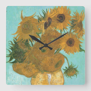 Vase mit zwölf Sonnenblumen von Vincent van Gogh Quadratische Wanduhr