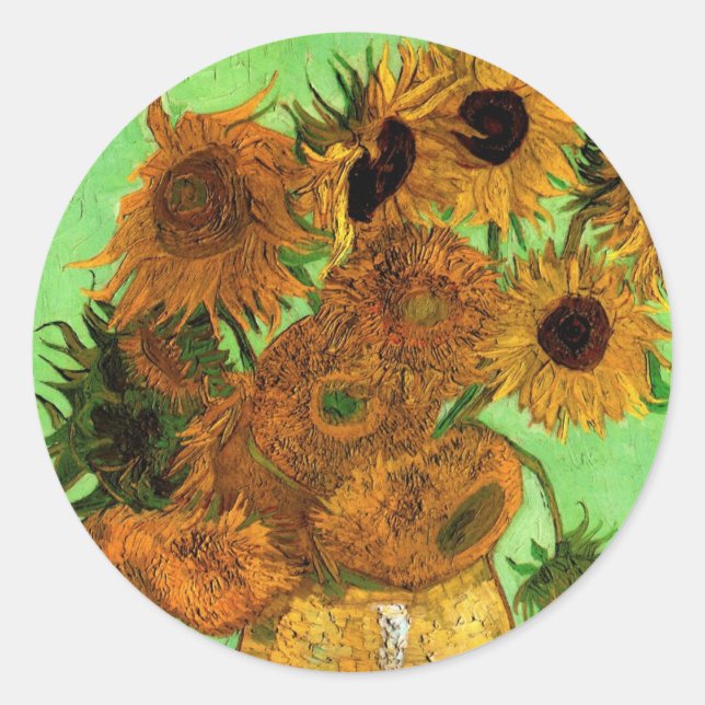 Vase mit zwölf Sonnenblumen von Vincent van Gogh Runder Aufkleber (Vorderseite)