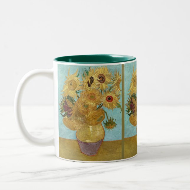 Vase mit zwölf Sonnenblumen von Vincent van Gogh Zweifarbige Tasse (Links)