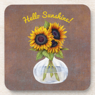 Vase of Three Beautiful Sunflowers on Brown Getränkeuntersetzer