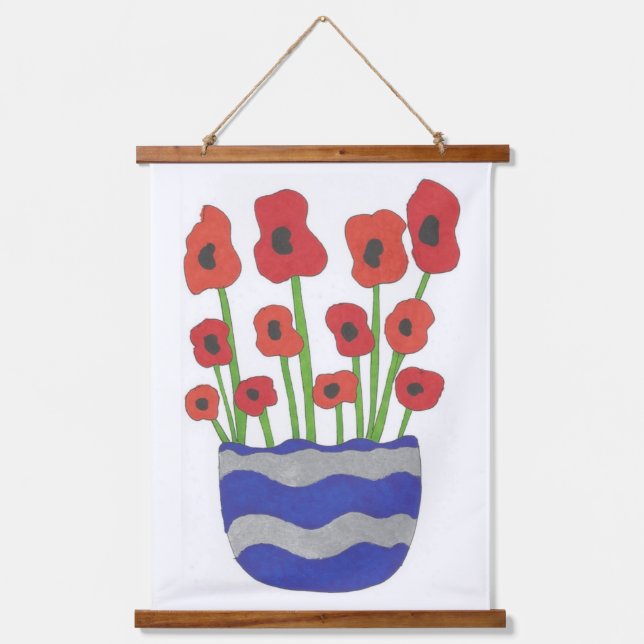 Vase Poppies Zeitgenössisches Kunstgedicht Print Wandteppich Mit Holzrahmen (Vorderseite)