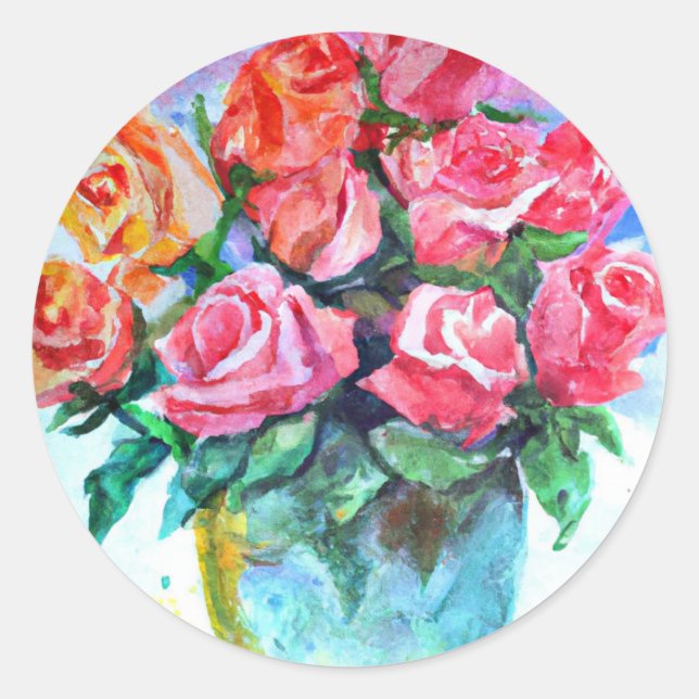 Vase von Rose in Aquarell Runder Aufkleber (Vorderseite)