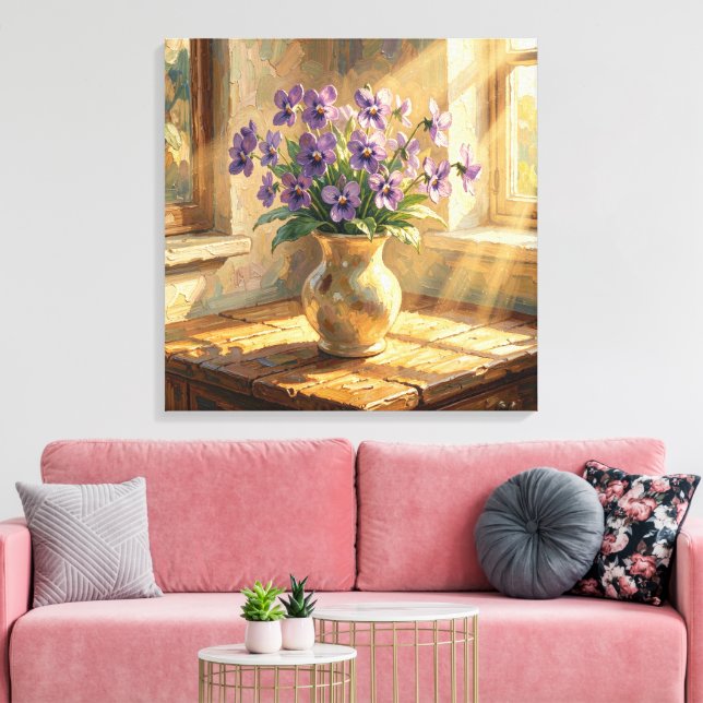 Vasenvase mit lila Veilchen Impasto   Leinwanddruck (Insitu (Wohnzimmer))