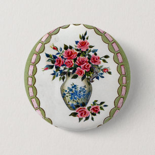Vasenvase mit Rosen und einem Bandrahmen Button