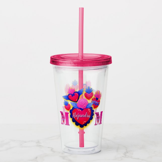 Vaso acrílico Corazones rosas de Mamá Editable Acryltrinkbecher (Vorderseite)