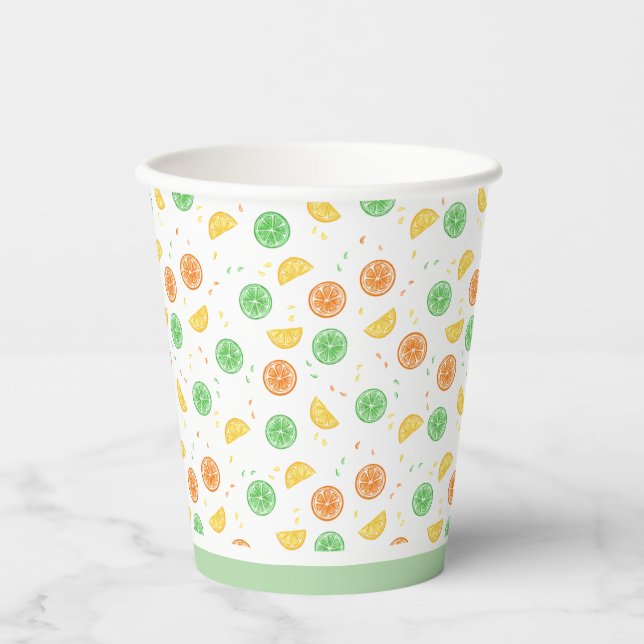 Vasos de papel cítricos borde verde pappbecher (Vorderseite)
