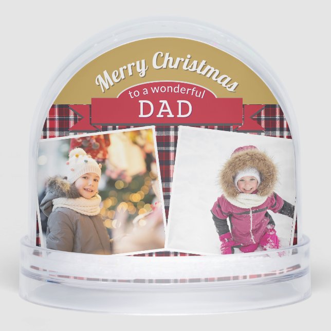 Vater 3 Fotos Frohe Weihnachten Tartan Personalisi Schneekugeln (Vorderseite)