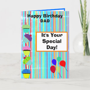 Vater Birthday Balloons Cupcakes Stripes FOTO Karte