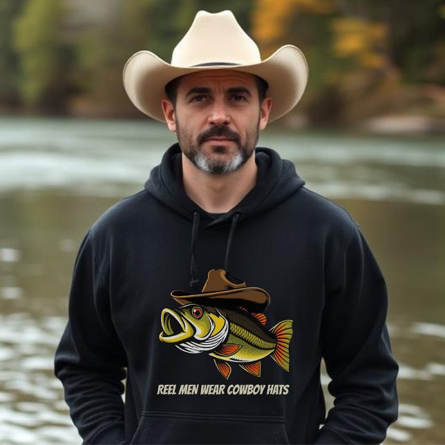 Väter Day Funny Fish mit einem Cowboy-Hut Hoodie (Bass Fish with a Cowboy Hat Funny Hoodie for men, Fisherman, Country Cowboys)
