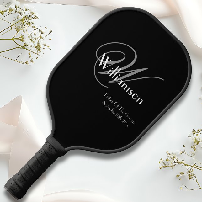 Vater der Groom Hochzeitsgeschenk elegante Monogra Pickleball Schläger ("Father Of The Groom" Wedding Gift - Elegant Personalized Monogram, Name + Date Pickleball Paddle.)