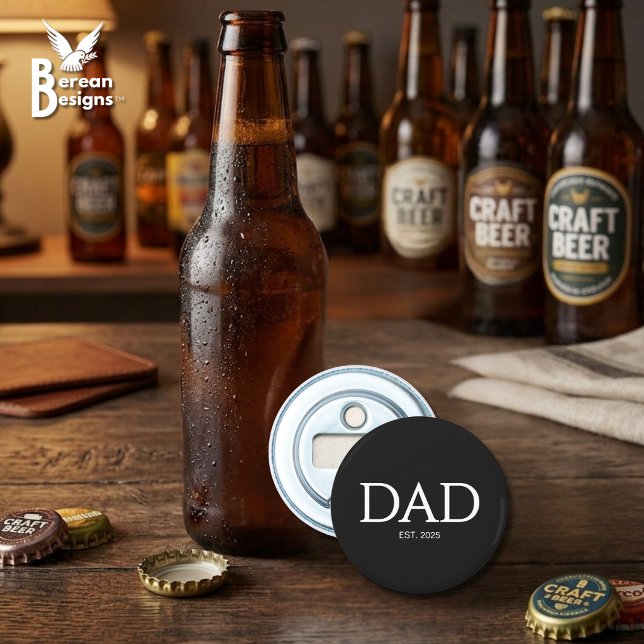 Vater Established Classic Caps Schwarz Flaschenöffner (DAD ESTABLISHED round bottle opener with customizable year. Ideal gift for Father's Day. )