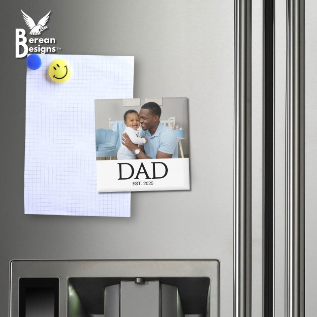 Vater Foto-Geschenk-Magnet Magnet (DAD ESTABLISHED white magnet with customizable photo and year. Ideal gift for Father's Day. )