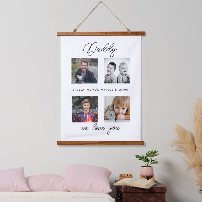 Vater mit Kindern Familie Daddy Foto Collage Wandteppich Mit Holzrahmen (Schlafzimmer)