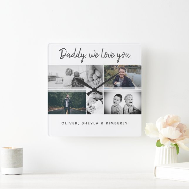 Vater mit Kindern und Vater Collage Quadratische Wanduhr (Zuhause)
