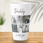 Vater mit Kindern und Vater FotoCollage Milchtasse<br><div class="desc">Vater mit Kindern und Vater Familienfoto Collage Latte Tasse. Collage von 6 Fotos, väterlicher Name mit einer süßen Nachricht in einem trendigen Drehbuch und Kindernamen, die die Fotos überlagern. Fügen Sie Ihre 6 Lieblings-Fotos hinzu. Der süße Sake und ein Geschenk zum Geburtstag, Vatertag oder Weihnachten für einen Vater, neuen Vater...</div>