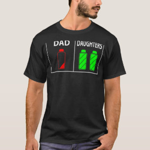 Vater mit niedrigem Akku von zwei Töchterinnen am T-Shirt