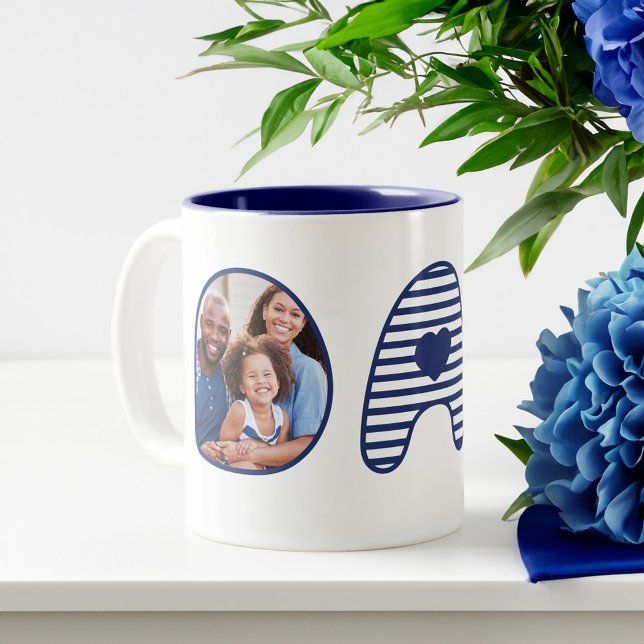 Vater Navy Blue Stripe Bubble Buchstaben Herz Foto Zweifarbige Tasse (Dad Navy Blue Stripe Bubble Lettering Heart Photos Two-Tone Coffee Mug)