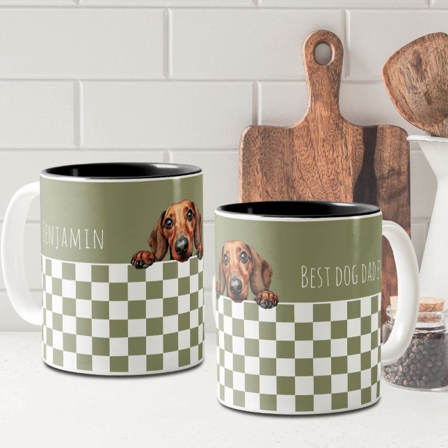 Vater Olive White Checkered Dackel Custom Zweifarbige Tasse (Von Creator hochgeladen)