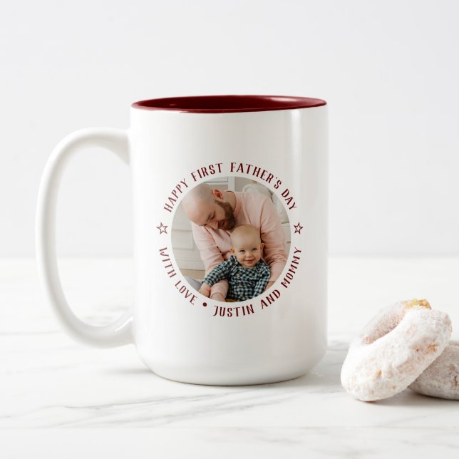Vater-Tochter-Sohn-Upload-Foto des ersten Vaters Zweifarbige Tasse (Mit Donut)