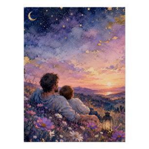 Vater-und-Kind-Sternengucker-Wasserfarben-Kunstwer Poster