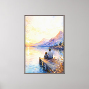 Vater-und-Sohn-See-Wasserfarben-Kunstwerk Leinwanddruck