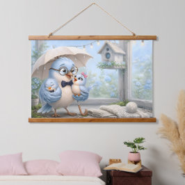 Vater Vogel und Baby Wandteppich Mit Holzrahmen