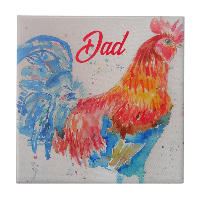 Vater zum Red Rooster Watercolor Painting Vathers  Fliese (Vorderseite)