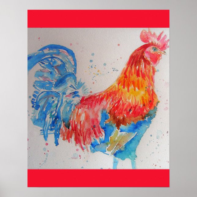 Vater zum Red Rooster Watercolor Painting Vathers  Poster (Vorne)