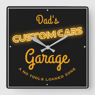 Vaters Custom Cars Garage Gold Imitate Neon Funny Quadratische Wanduhr