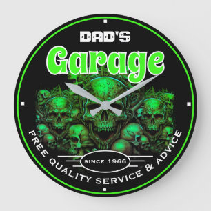Vaters Garage Green Skulls Kraftfahrzeugmechaniker Große Wanduhr